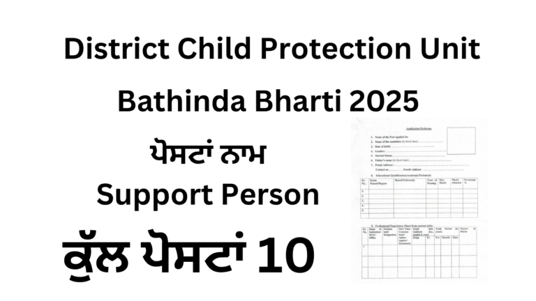 District Child Protection Unit Bathinda Recruitment 2025 Offline Application for 10 Support Person Posts