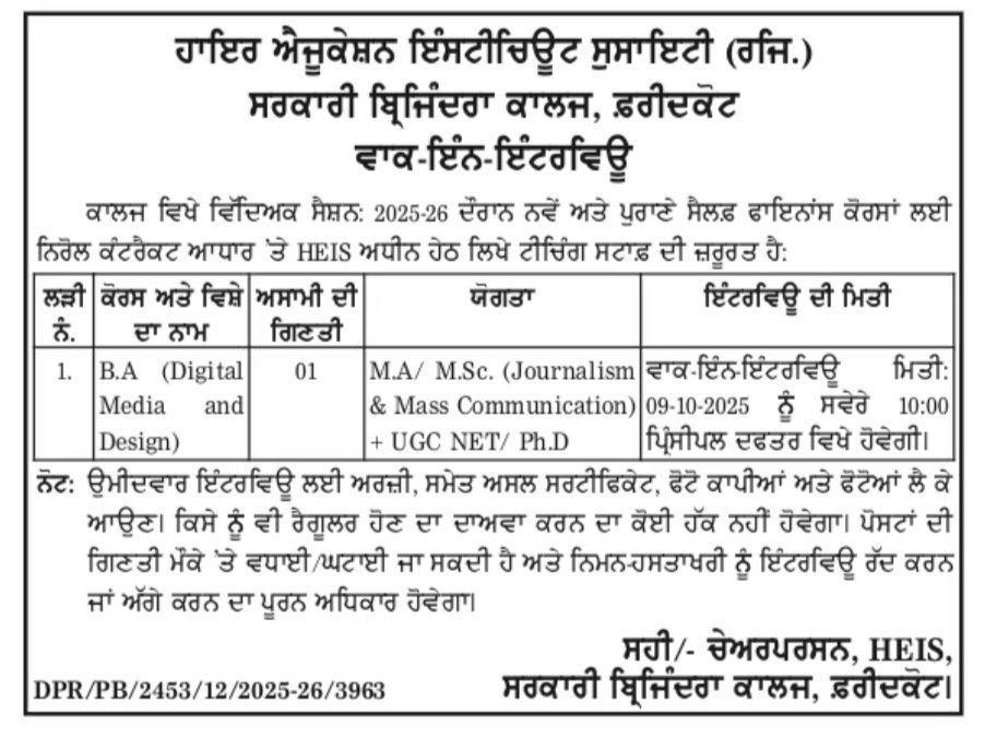 HEIS Government Brijindra College Faridkot Recruitment 2025