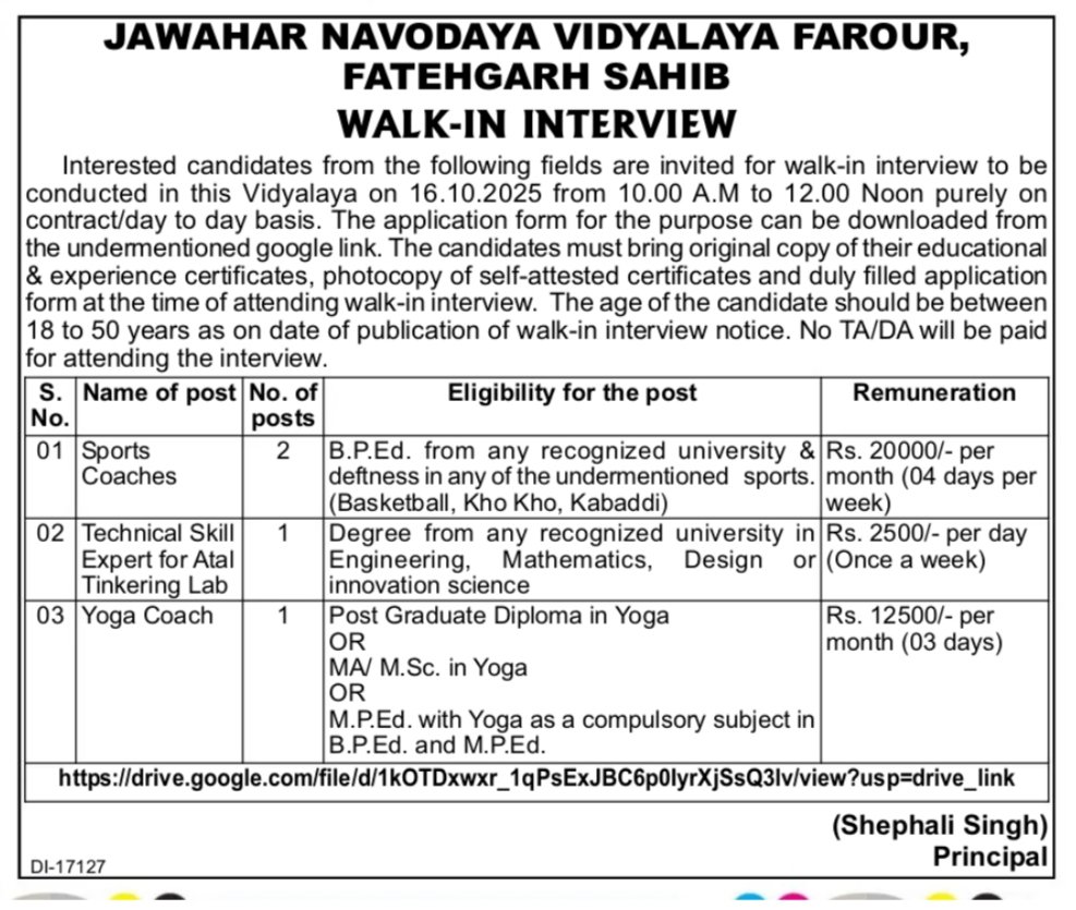Punjab Jawahar Navodaya Vidyalaya Recruitment 2025