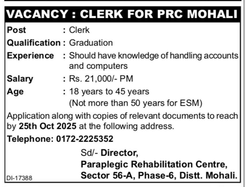 Paraplegic Rehabilitation Center Mohali Clerk Recruitment 2025